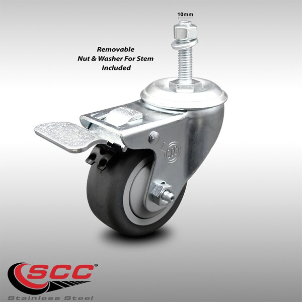 3 Inch SS Thermoplastic Rubber 10mm Threaded Stem Caster Total Lock Brake